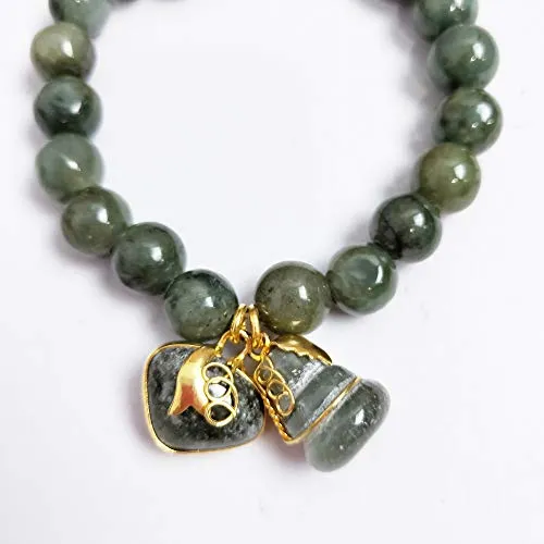 10 mm Natural Green Jade Round Real Bracelets Bangle for Women Charms with Pendant Love Heart and Lucky Gourd Powerful Thai Pendant Prosperity Success in Life Trade Flourish