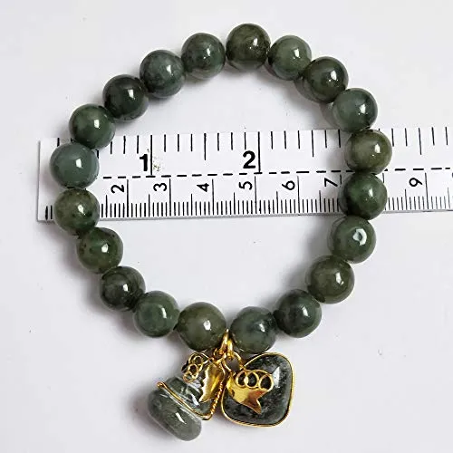 10 mm Natural Green Jade Round Real Bracelets Bangle for Women Charms with Pendant Love Heart and Lucky Gourd Powerful Thai Pendant Prosperity Success in Life Trade Flourish