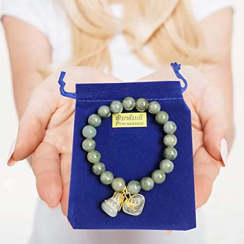 10 mm Natural Green Jade Round Real Bracelets Bangle for Women Charms with Pendant Love Heart and Lucky Gourd Powerful Thai Pendant Prosperity Success in Life Trade Flourish