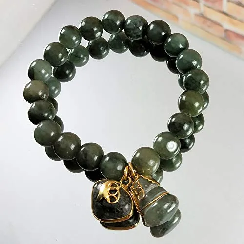 10 mm Natural Green Jade Round Real Bracelets Bangle for Women Charms with Pendant Love Heart and Lucky Gourd Powerful Thai Pendant Prosperity Success in Life Trade Flourish