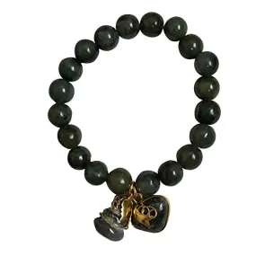 10 mm Natural Green Jade Round Real Bracelets Bangle for Women Charms with Pendant Love Heart and Lucky Gourd Powerful Thai Pendant Prosperity Success in Life Trade Flourish