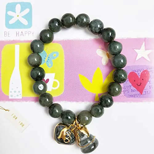 10 mm Natural Green Jade Round Real Bracelets Bangle for Women Charms with Pendant Love Heart and Lucky Gourd Powerful Thai Pendant Prosperity Success in Life Trade Flourish