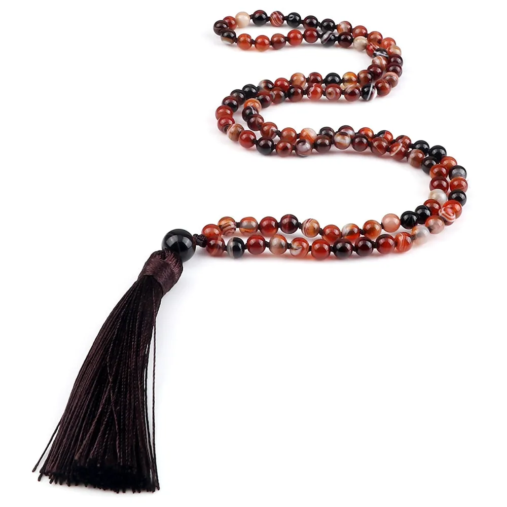 108 Mala Beaded Tassel Necklaces For Women Natural Striped Agates Onyx Stone Vintage Necklaces