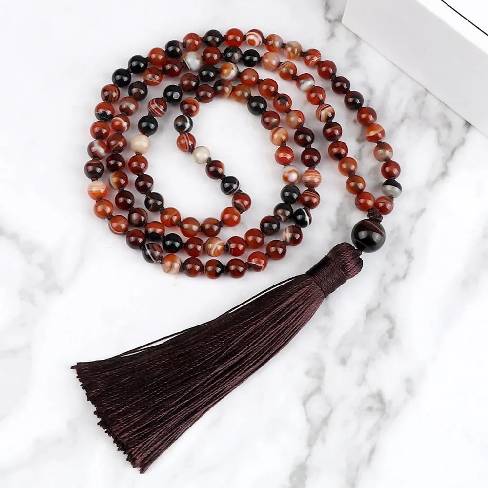 108 Mala Beaded Tassel Necklaces For Women Natural Striped Agates Onyx Stone Vintage Necklaces