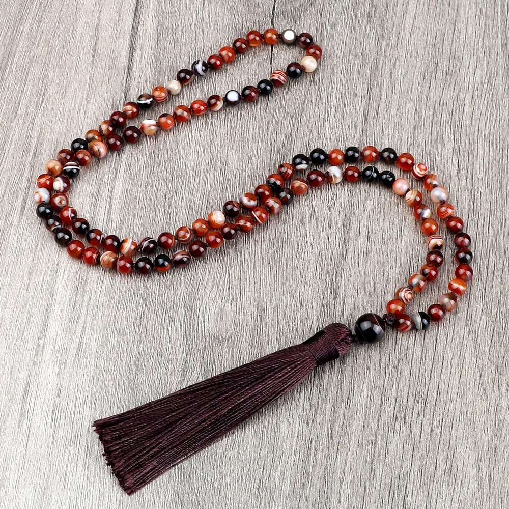 108 Mala Beaded Tassel Necklaces For Women Natural Striped Agates Onyx Stone Vintage Necklaces