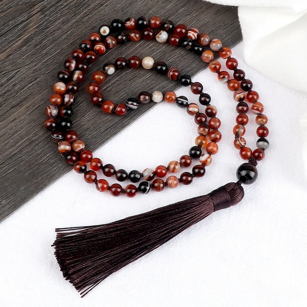 108 Mala Beaded Tassel Necklaces For Women Natural Striped Agates Onyx Stone Vintage Necklaces