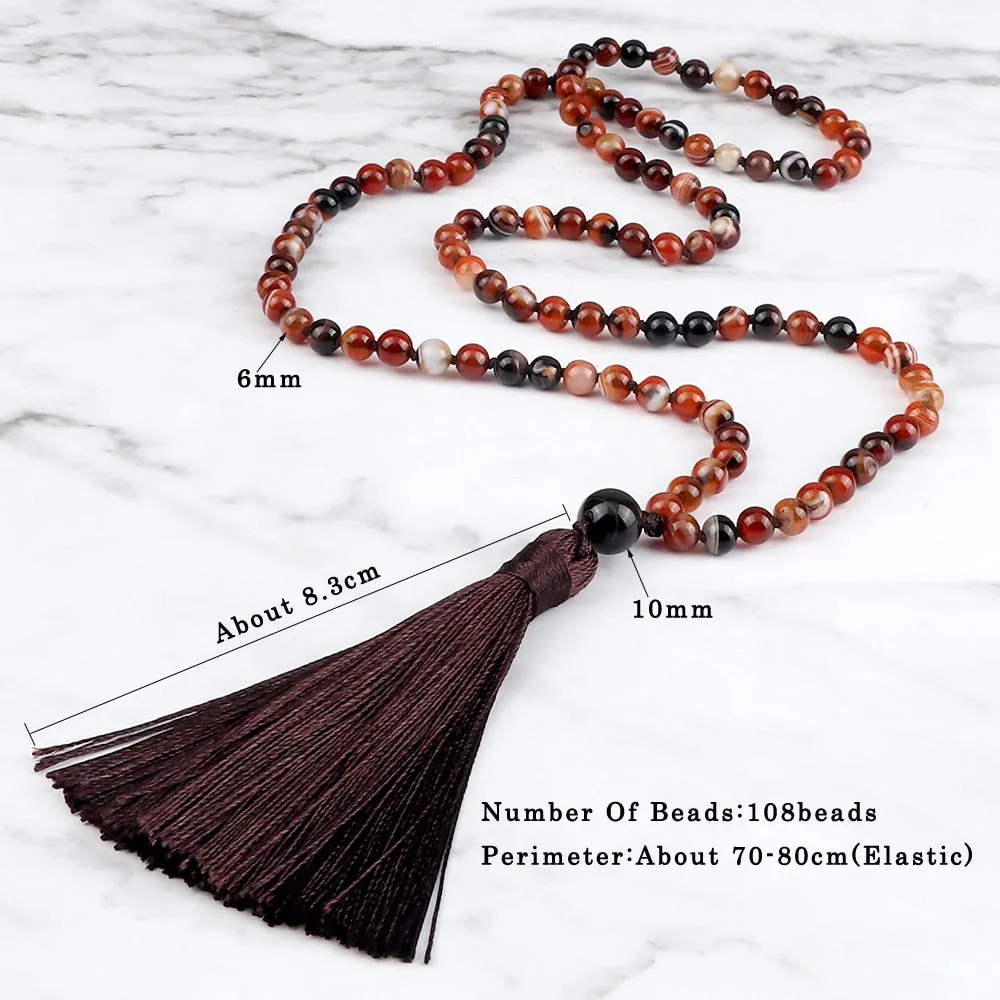 108 Mala Beaded Tassel Necklaces For Women Natural Striped Agates Onyx Stone Vintage Necklaces