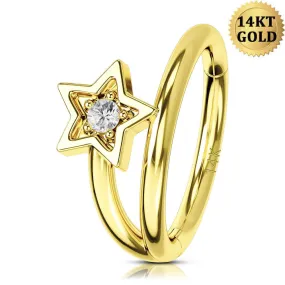 14K Gold Star Conch Piercing 16G CZ Helix Daith Hoop