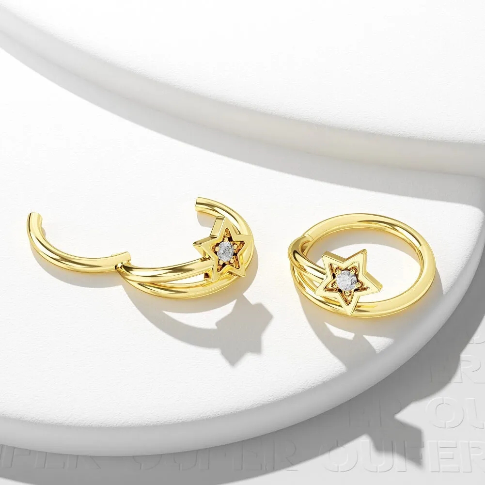 14K Gold Star Conch Piercing 16G CZ Helix Daith Hoop