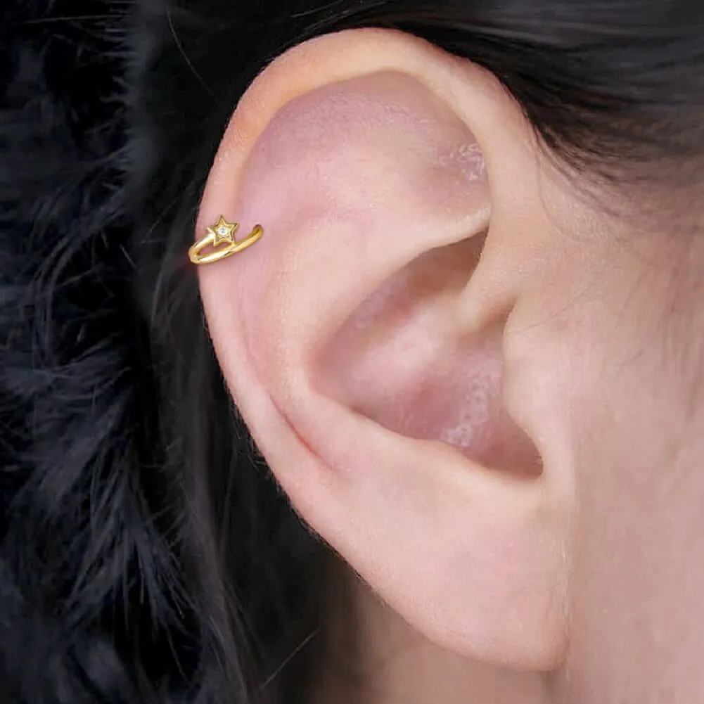 14K Gold Star Conch Piercing 16G CZ Helix Daith Hoop