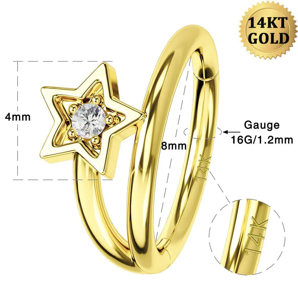 14K Gold Star Conch Piercing 16G CZ Helix Daith Hoop