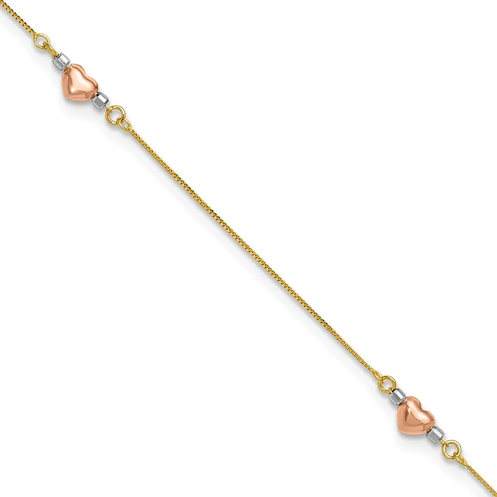 14k Tri-Color Puffed Heart 9in Plus 1in ext Anklet