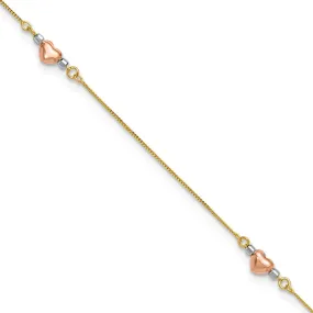 14k Tri-Color Puffed Heart 9in Plus 1in ext Anklet