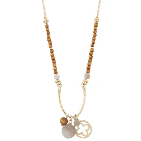 16" Half Wooden Beaded with Wishbone Shape "U" with Quatreoil In Circle Charm and Natural Grey Stone, 3" Ext.