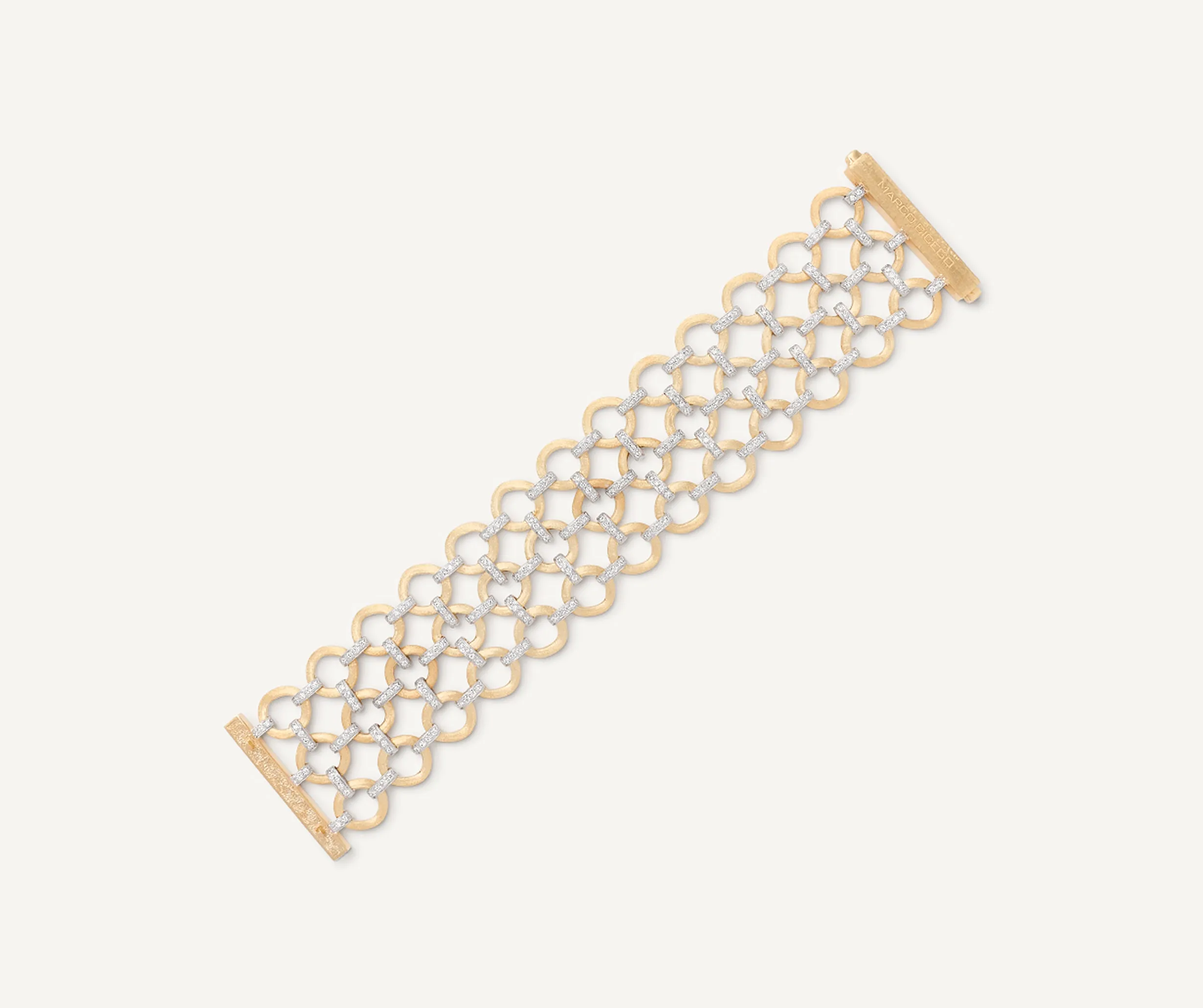 18K Yellow Gold Flat Link 3-Strand Bracelet With Diamonds