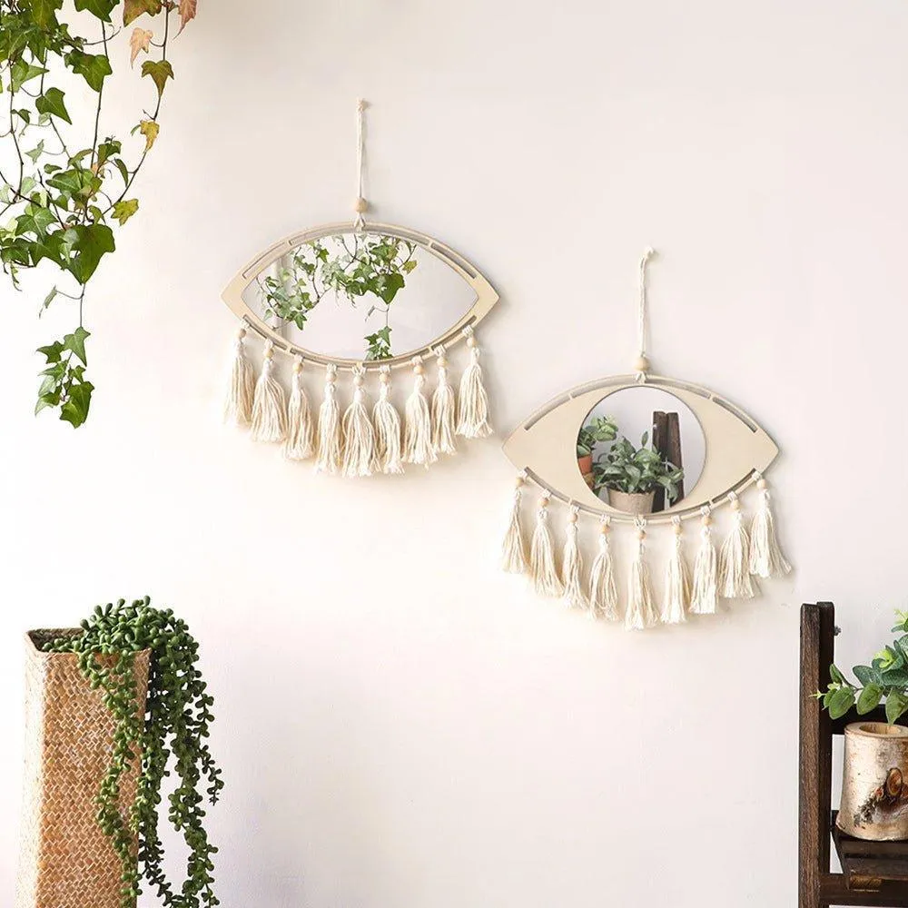 2 Pcs Set Rustic Wood Evil Eye Mirrors