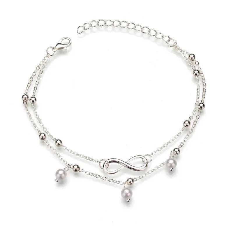 2PCS Retro Pearl Heart Infinity Ankle Anklet Bracelet Set