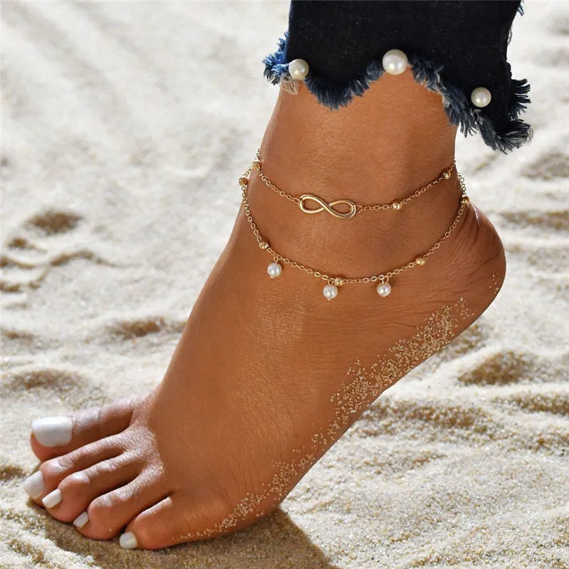 2PCS Retro Pearl Heart Infinity Ankle Anklet Bracelet Set