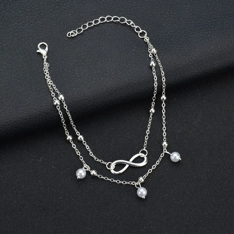2PCS Retro Pearl Heart Infinity Ankle Anklet Bracelet Set