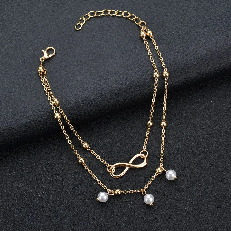 2PCS Retro Pearl Heart Infinity Ankle Anklet Bracelet Set