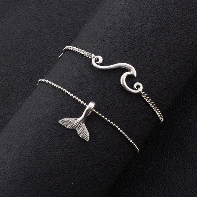2PCS Retro Pearl Heart Infinity Ankle Anklet Bracelet Set