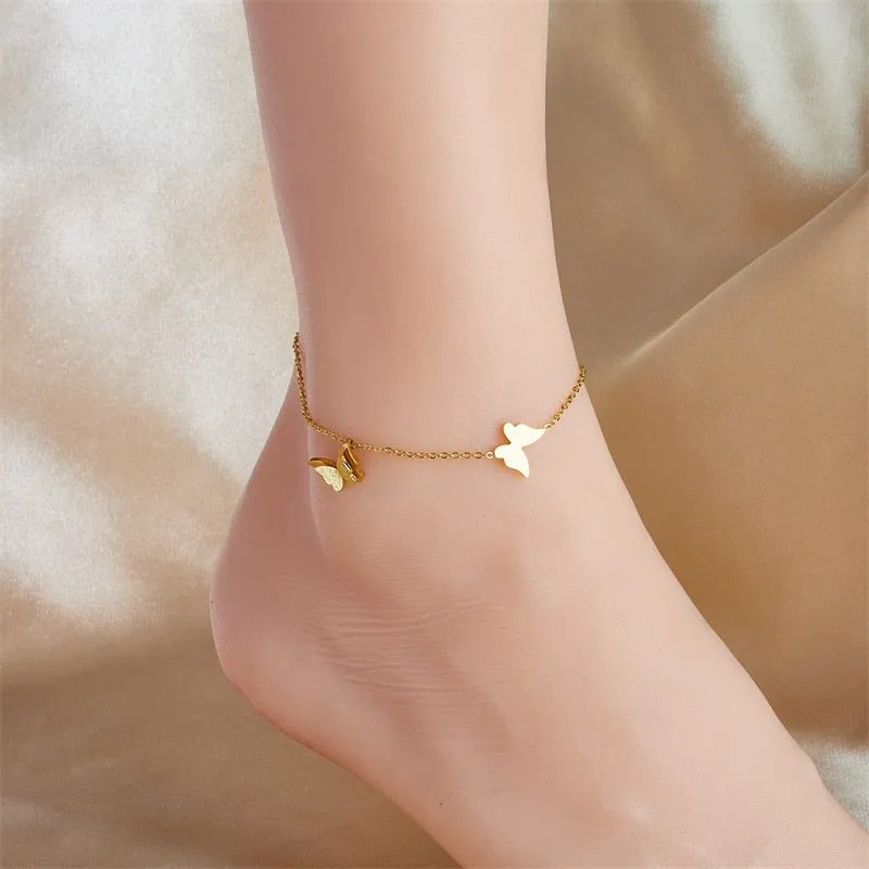 316L Stainless Steel Gold Color Butterfly Charm Anklets For Women