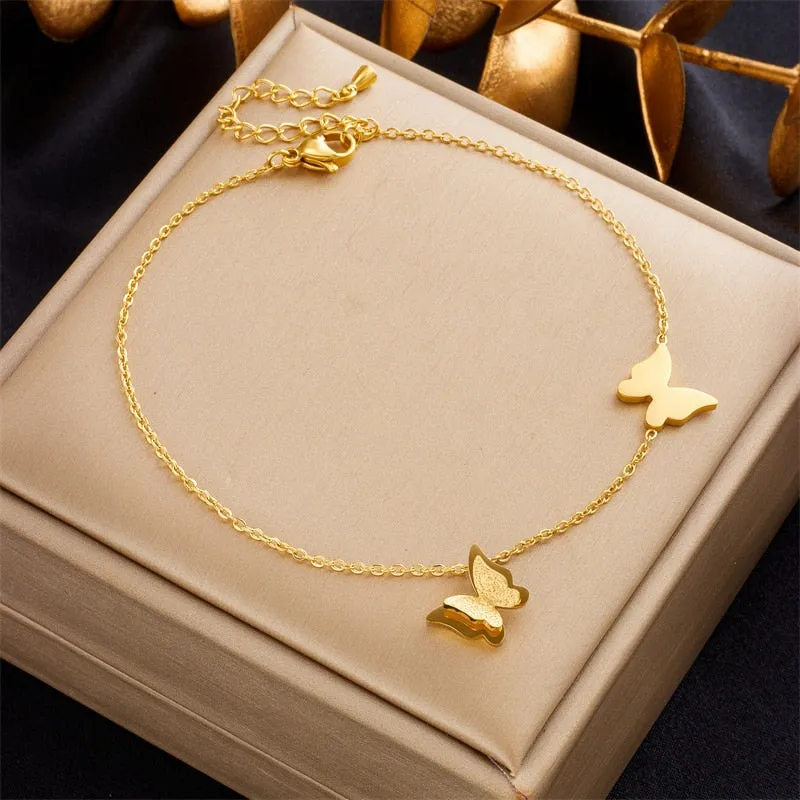 316L Stainless Steel Gold Color Butterfly Charm Anklets For Women