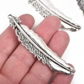 5 Silver FEATHER Charms, Silver oxidized charms, 77x16mm, 3" long chs2850