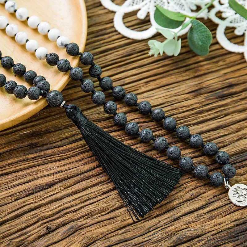 8mm Natural Stone 108 Mala Rosary Necklace Howlite Black Lava Stone Beaded