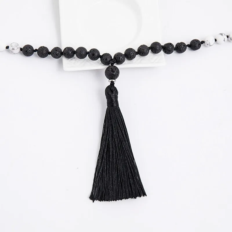 8mm Natural Stone 108 Mala Rosary Necklace Howlite Black Lava Stone Beaded