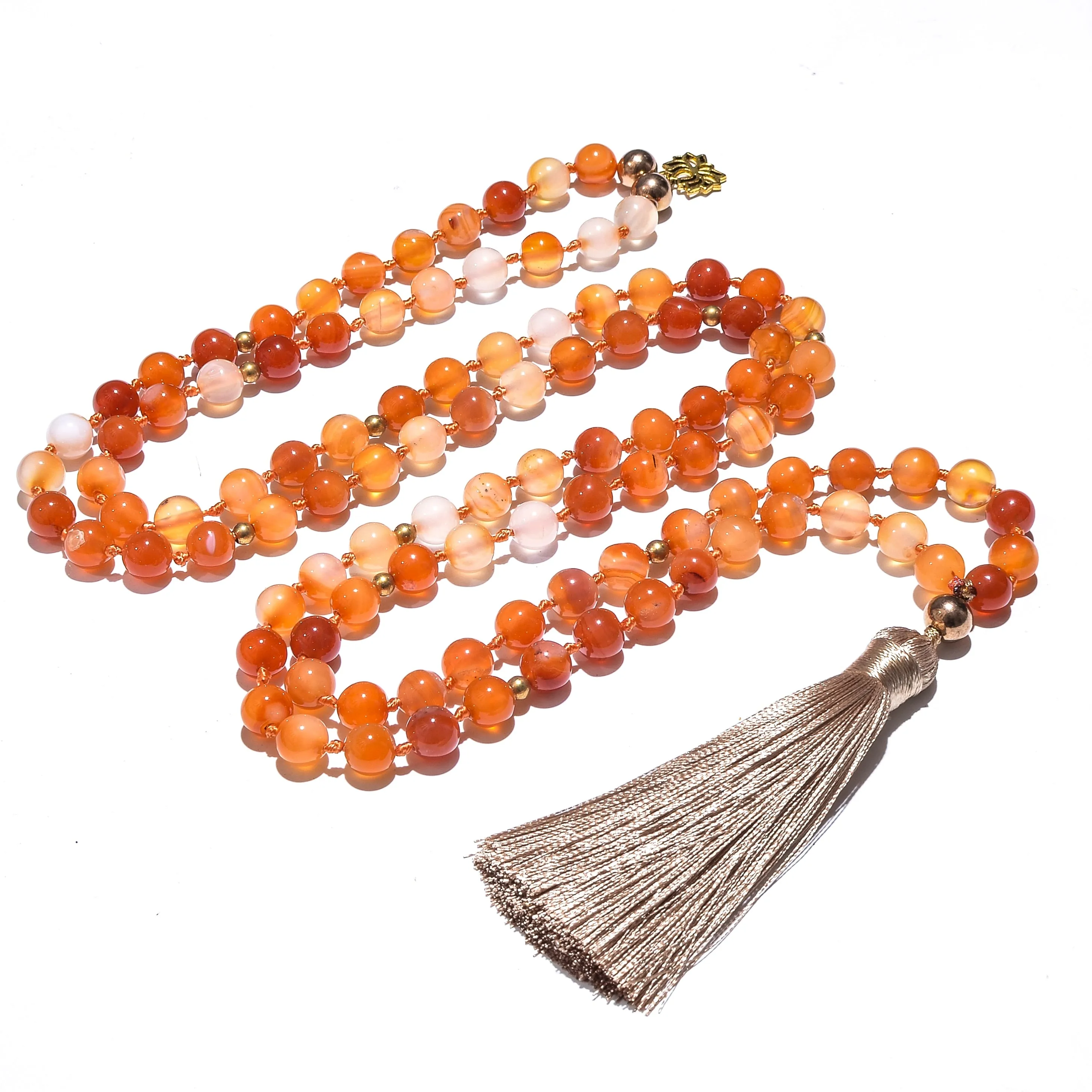 8mm Orange Agate Japamala Beaded Necklace Meditation Yoga Blessing Spirit Jewelry Set