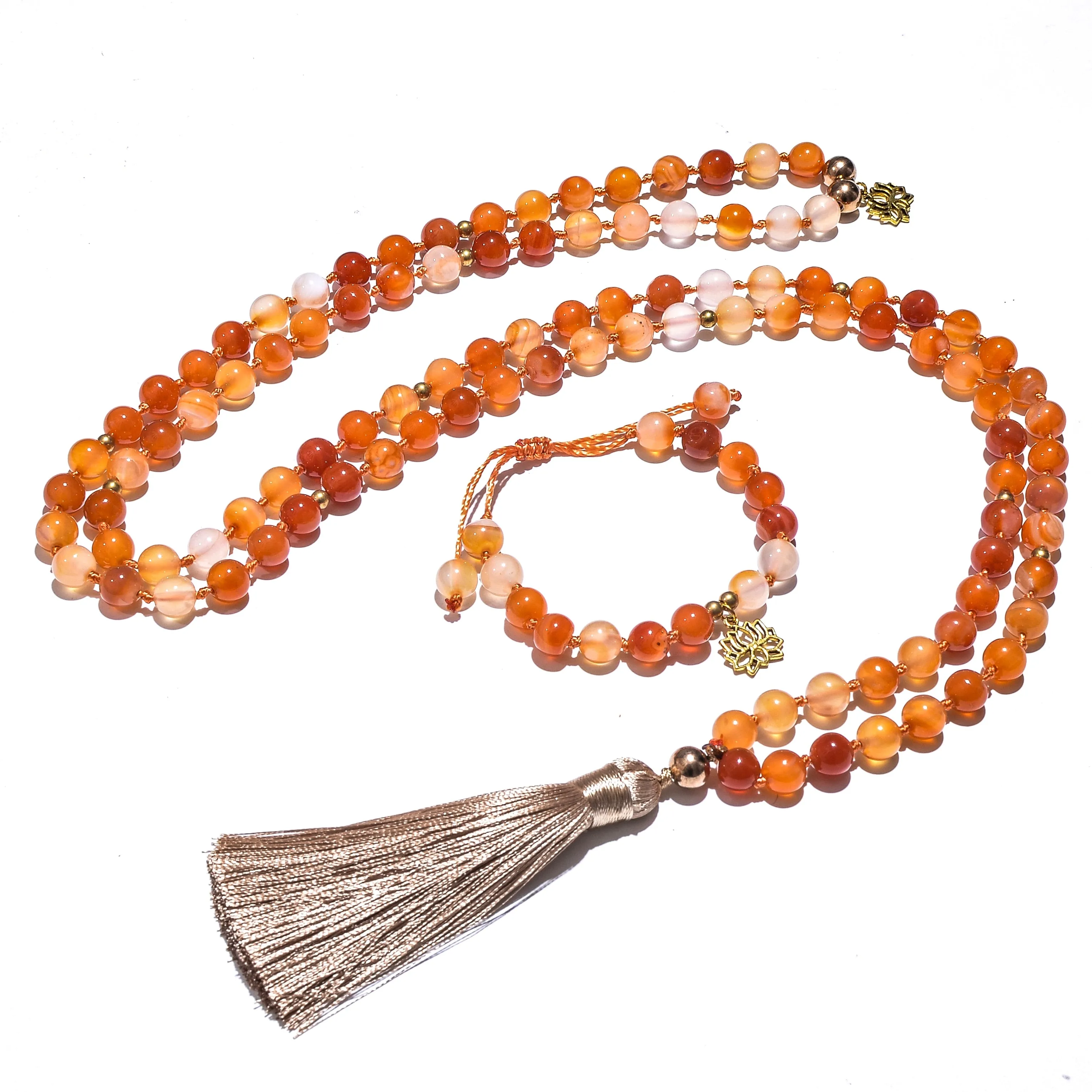 8mm Orange Agate Japamala Beaded Necklace Meditation Yoga Blessing Spirit Jewelry Set