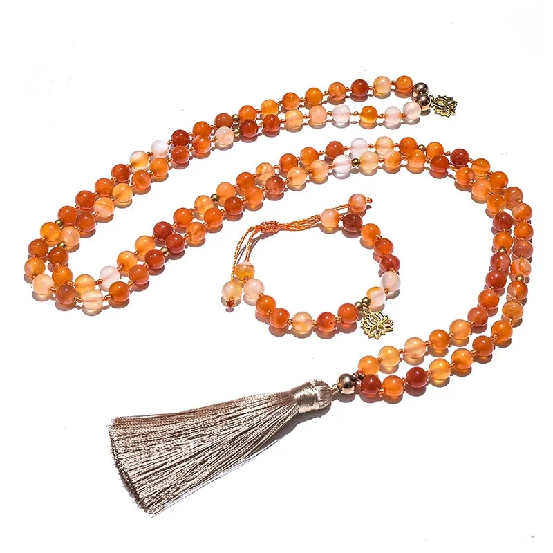 8mm Orange Agate Japamala Beaded Necklace Meditation Yoga Blessing Spirit Jewelry Set
