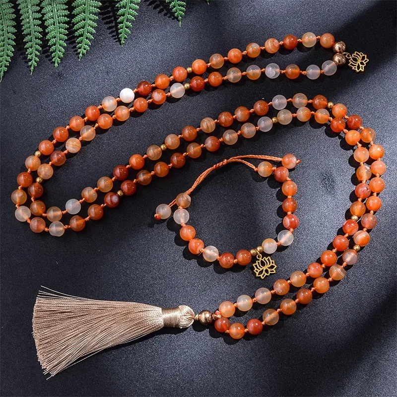 8mm Orange Agate Japamala Beaded Necklace Meditation Yoga Blessing Spirit Jewelry Set