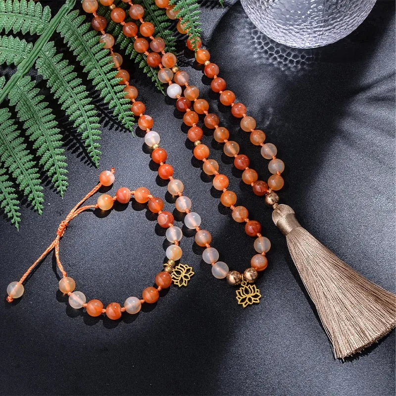 8mm Orange Agate Japamala Beaded Necklace Meditation Yoga Blessing Spirit Jewelry Set