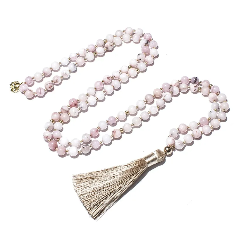 8mm Pink Opal Japamala Necklace Meditation Yoga Jewelry Set 108 Mala Beaded Knotted Women