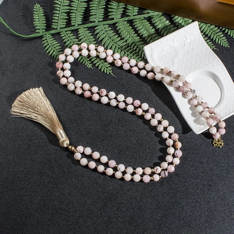 8mm Pink Opal Japamala Necklace Meditation Yoga Jewelry Set 108 Mala Beaded Knotted Women