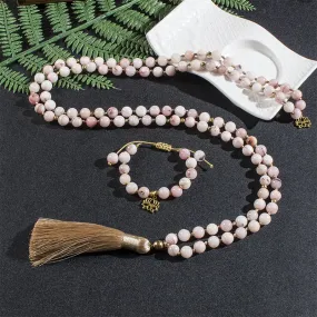 8mm Pink Opal Japamala Necklace Meditation Yoga Jewelry Set 108 Mala Beaded Knotted Women