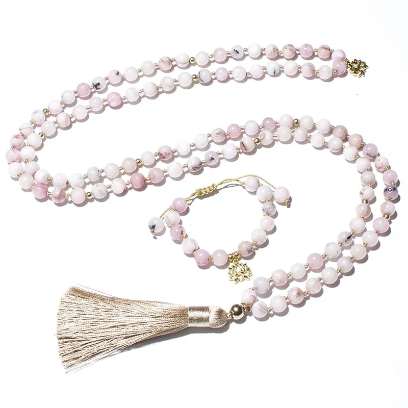 8mm Pink Opal Japamala Necklace Meditation Yoga Jewelry Set 108 Mala Beaded Knotted Women