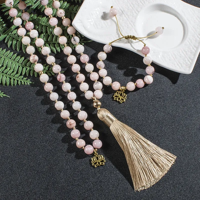 8mm Pink Opal Japamala Necklace Meditation Yoga Jewelry Set 108 Mala Beaded Knotted Women