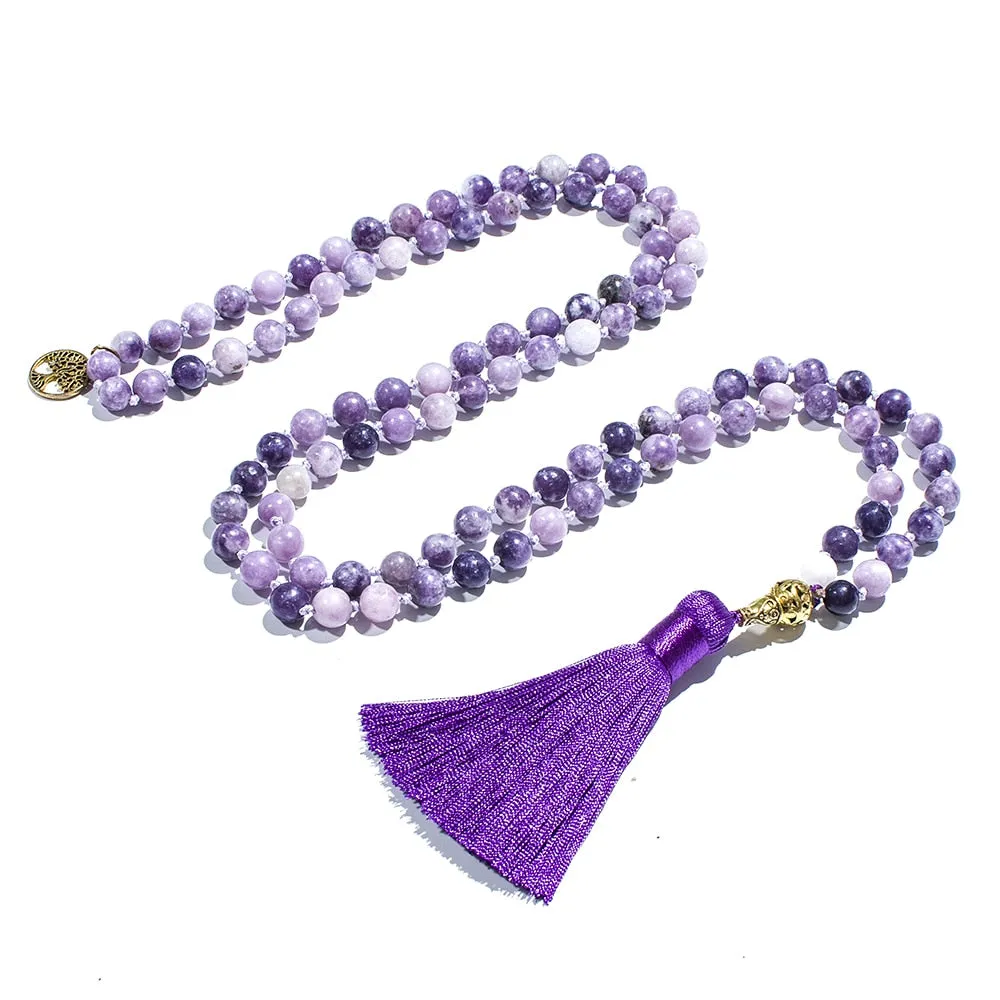 8mm Purple Lepidolite Beaded Knotted 108 Mala Necklace Meditation Yoga Prayer Jewelry
