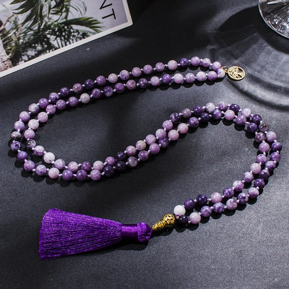8mm Purple Lepidolite Beaded Knotted 108 Mala Necklace Meditation Yoga Prayer Jewelry