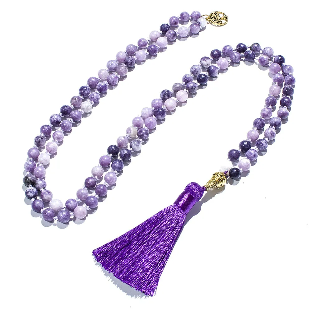 8mm Purple Lepidolite Beaded Knotted 108 Mala Necklace Meditation Yoga Prayer Jewelry