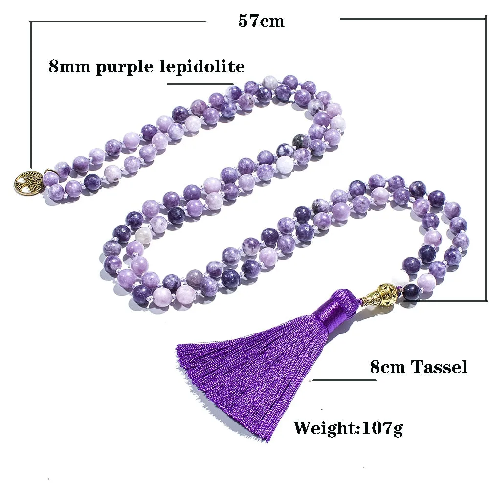 8mm Purple Lepidolite Beaded Knotted 108 Mala Necklace Meditation Yoga Prayer Jewelry