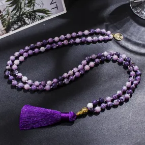 8mm Purple Lepidolite Beaded Knotted 108 Mala Necklace Meditation Yoga Prayer Jewelry