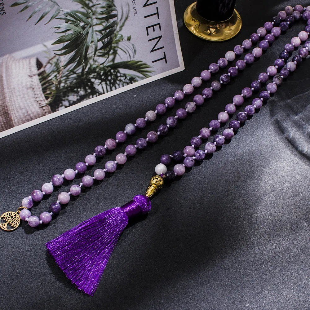 8mm Purple Lepidolite Beaded Knotted 108 Mala Necklace Meditation Yoga Prayer Jewelry