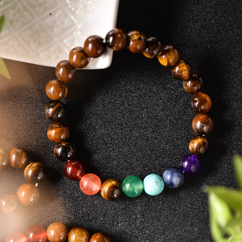 8mm Yellow Tiger Eye 7 Chakra Beaded Necklace