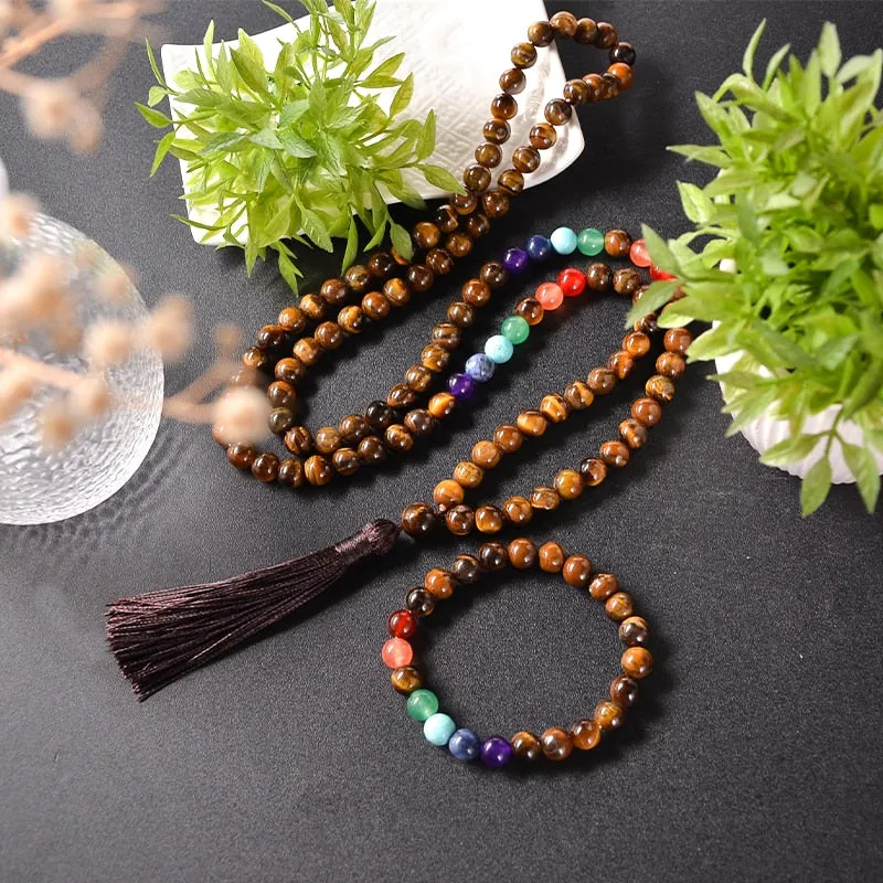 8mm Yellow Tiger Eye 7 Chakra Beaded Necklace