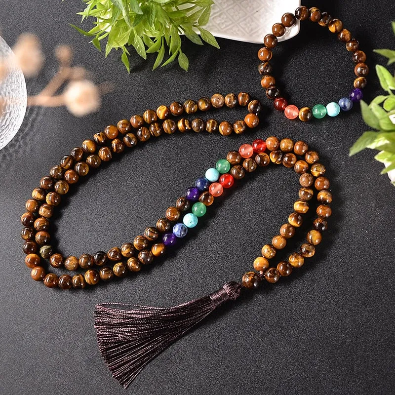 8mm Yellow Tiger Eye 7 Chakra Beaded Necklace