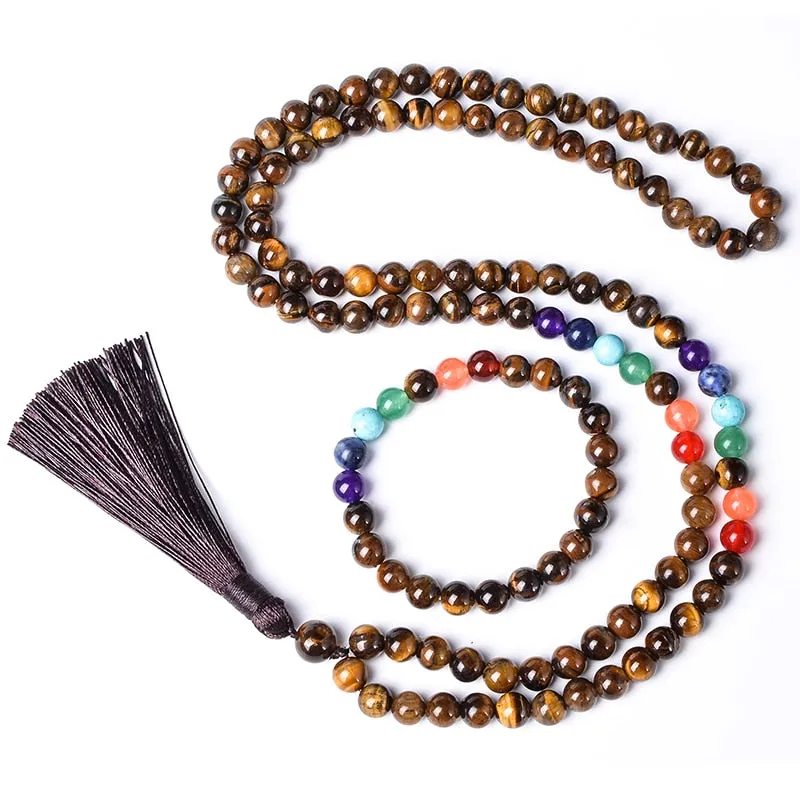 8mm Yellow Tiger Eye 7 Chakra Beaded Necklace